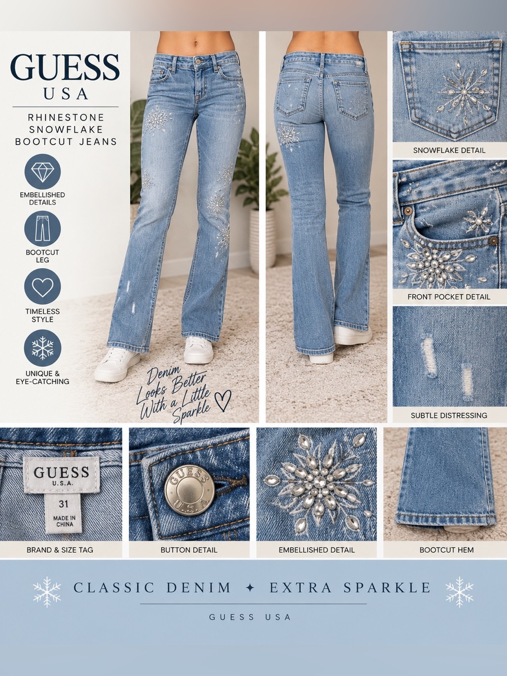 Guess USA Light Wash Rhinestone Snowflake Bootcut Jeans Size 31